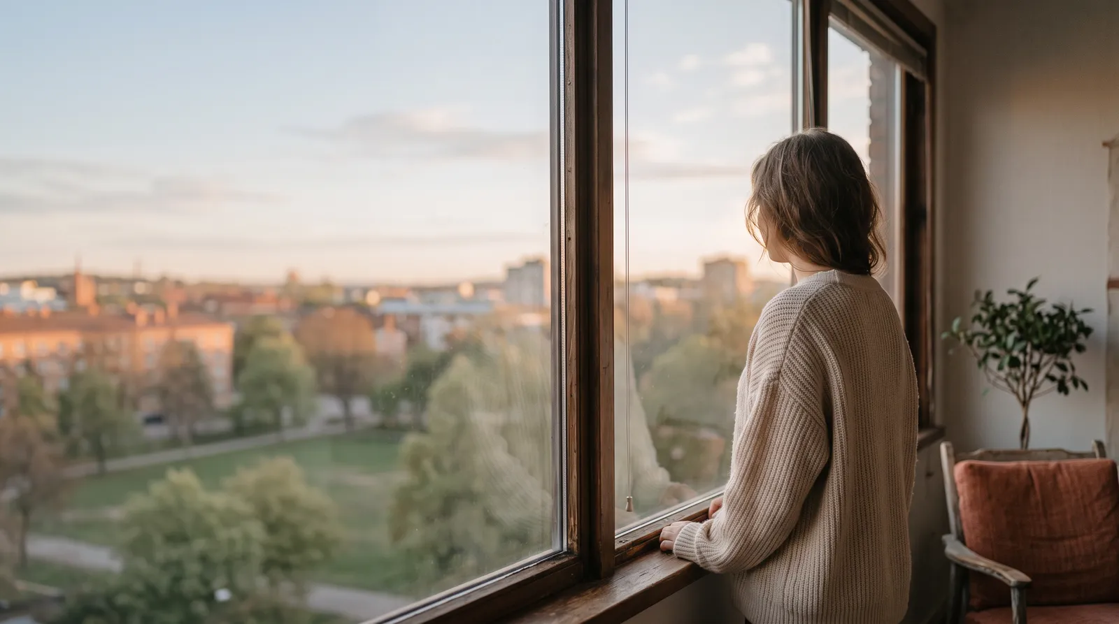 Person in ruhiger Reflexion am Fenster im goldenen Abendlicht